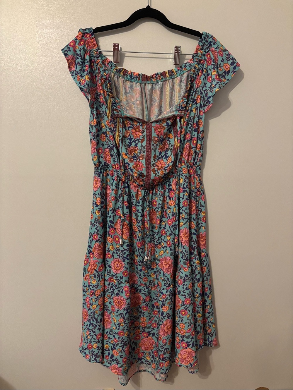 Floral Off-Shoulder Sundress in Teal and Coral